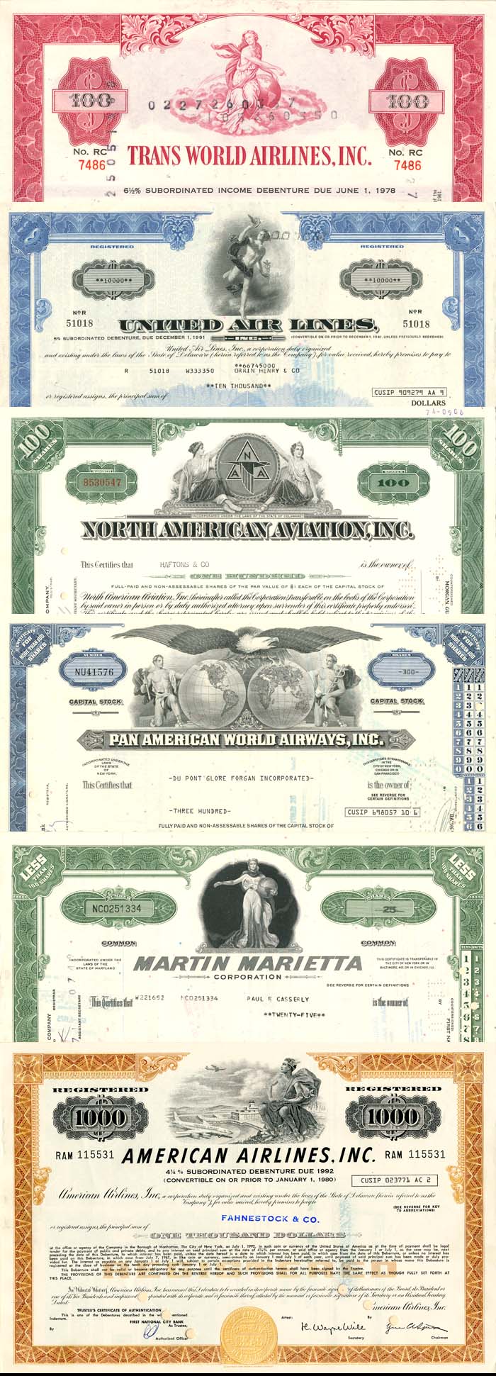 Aviation Collection of 6 Stocks and Bonds - Airlines and More - Set of 6 Stocks and Bonds